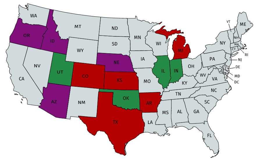 Map of USA. A few states are colored red, a few are colored purple, a few are colored green, and most are colored gray.