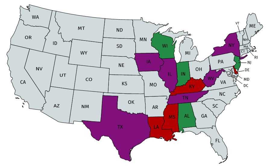 Map of USA. A few states are colored red, a few are colored purple, a few are colored green, and most are colored gray.