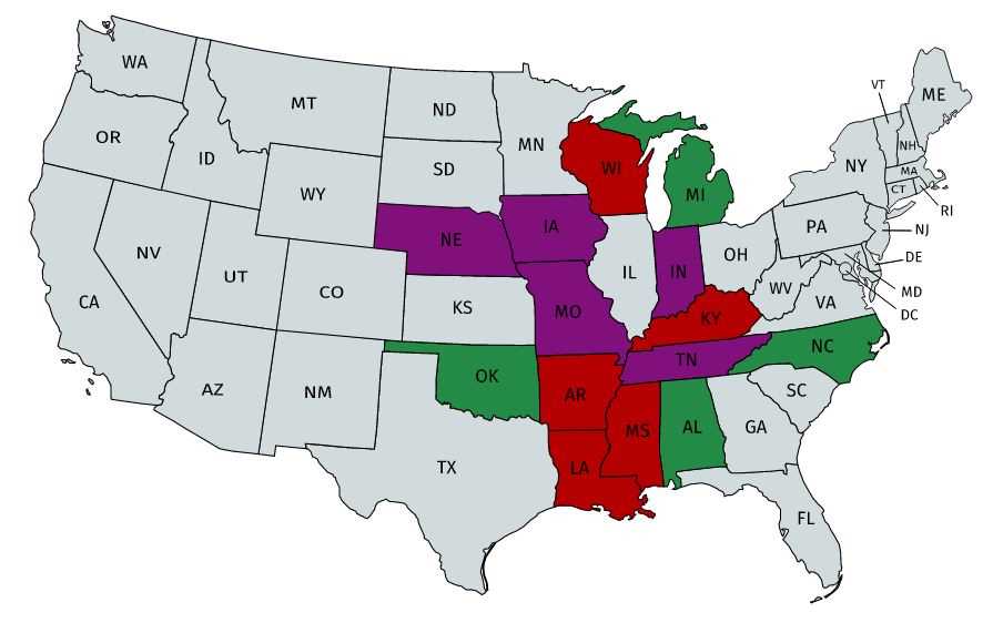 Map of USA. A few states are colored red, a few are colored purple, a few are colored green, and most are colored gray.