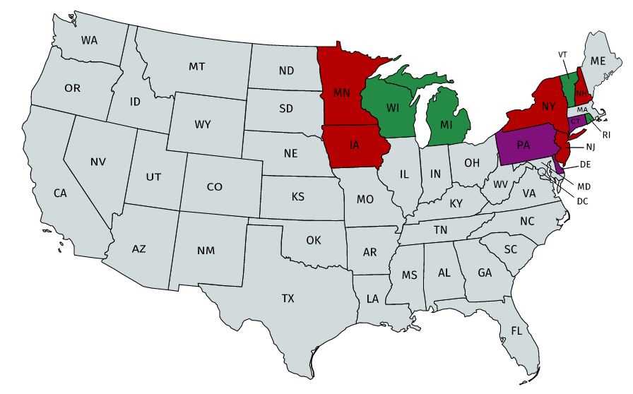 Map of USA. A few states are colored red, a few are colored purple, a few are colored green, and most are colored gray.