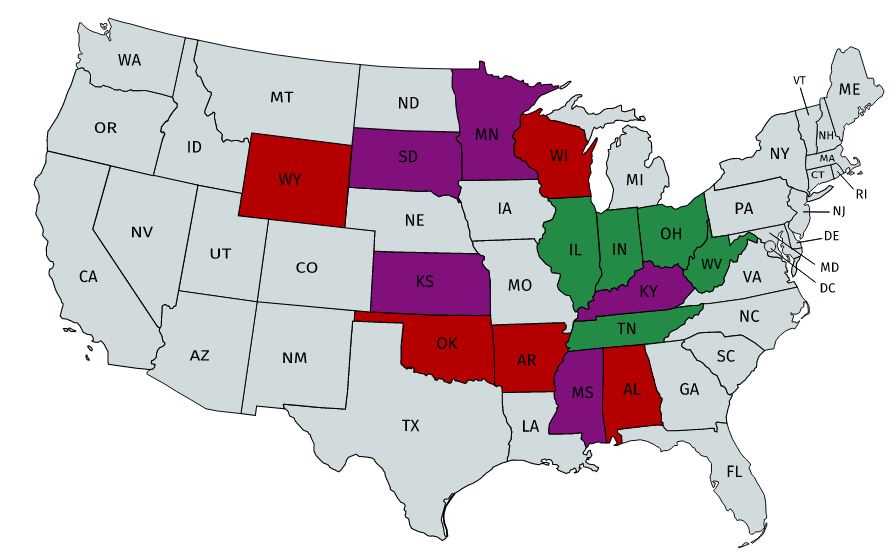 Map of USA. A few states are colored red, a few are colored purple, a few are colored green, and most are colored gray.