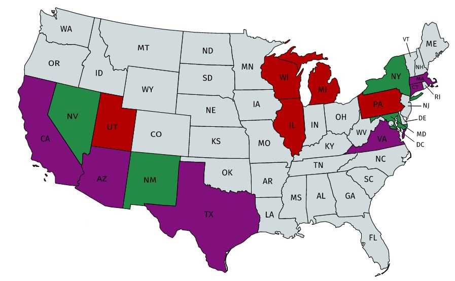 Map of USA. A few states are colored red, a few are colored purple, a few are colored green, and most are colored gray.