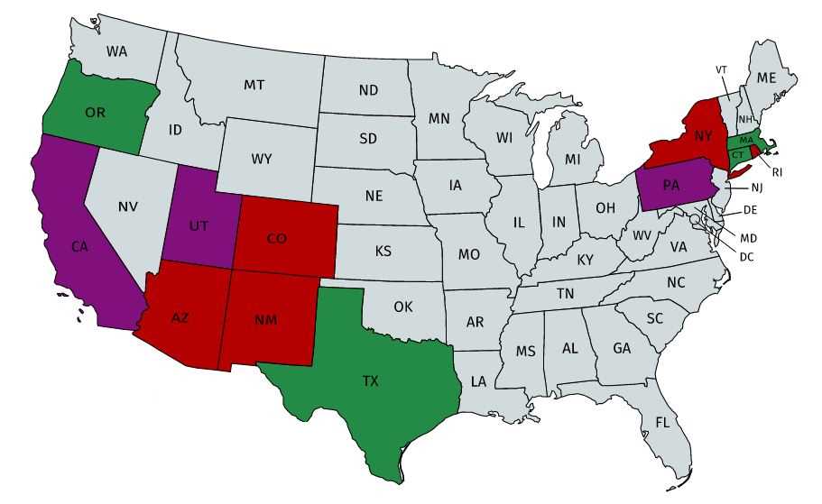Map of USA. A few states are colored red, a few are colored purple, a few are colored green, and most are colored gray.