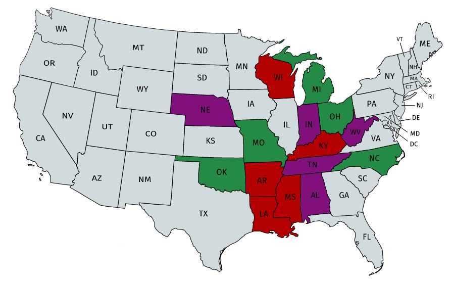 Map of USA. A few states are colored red, a few are colored purple, a few are colored green, and most are colored gray.