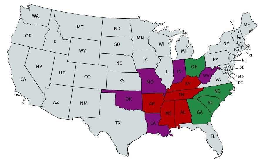 Map of USA. A few states are colored red, a few are colored purple, a few are colored green, and most are colored gray.