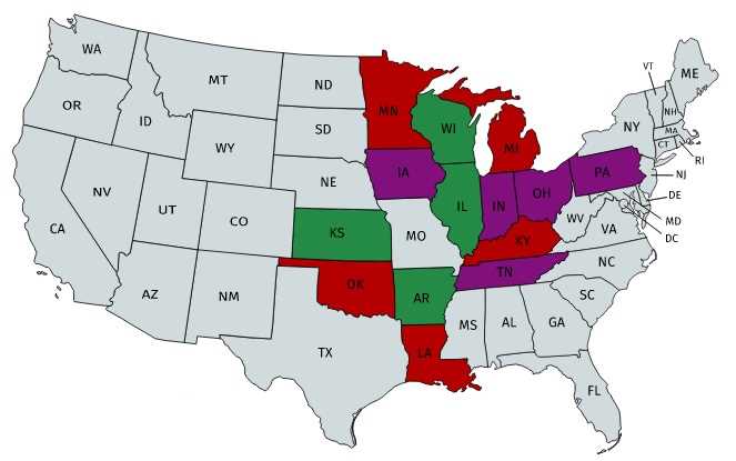 Map of USA. A few states are colored red, a few are colored purple, a few are colored green, and most are colored gray.