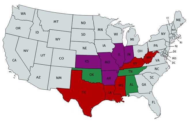 Map of USA. A few states are colored red, a few are colored purple, a few are colored green, and most are colored gray.