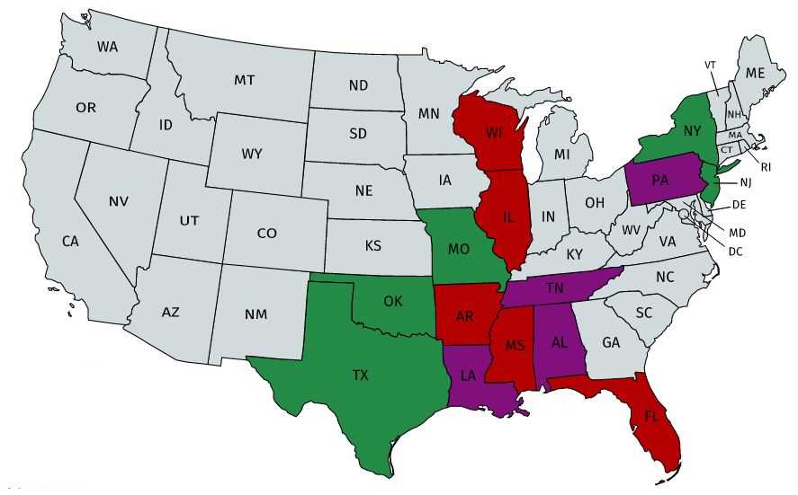 Map of USA. A few states are colored red, a few are colored purple, a few are colored green, and most are colored gray.