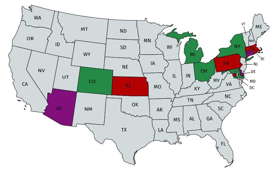 Map of USA. A few states are colored red, a few are colored purple, a few are colored green, and most are colored gray.