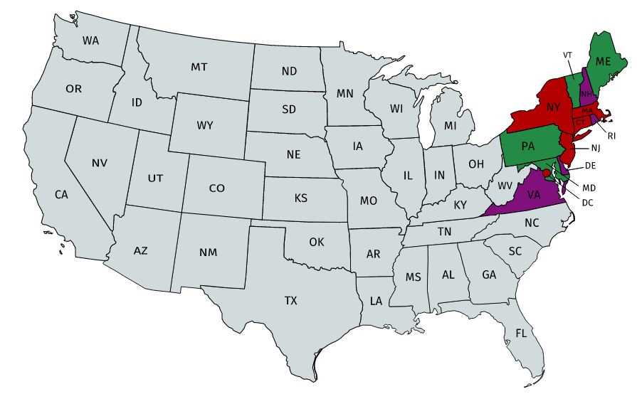 Map of USA. A few states are colored red, a few are colored purple, a few are colored green, and most are colored gray.