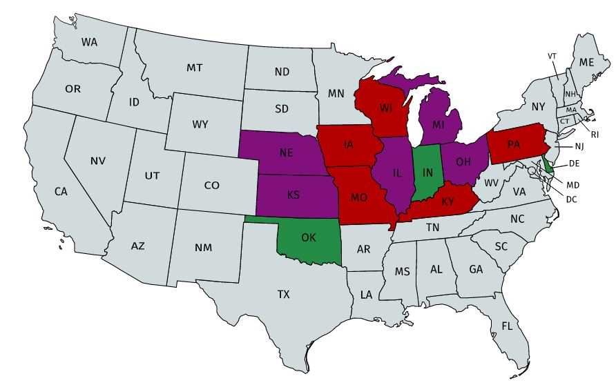 Map of USA. A few states are colored red, a few are colored purple, a few are colored green, and most are colored gray.