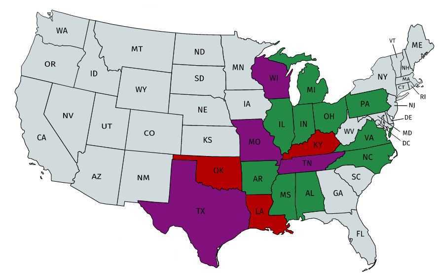 Map of USA. A few states are colored red, a few are colored purple, a few are colored green, and most are colored gray.