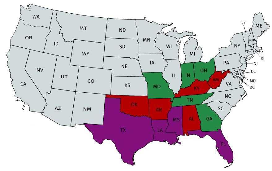 Map of USA. A few states are colored red, a few are colored purple, a few are colored green, and most are colored gray.