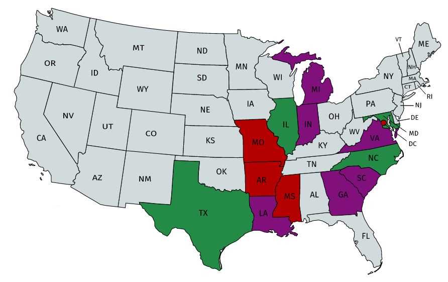 Map of USA. A few states are colored red, a few are colored purple, a few are colored green, and most are colored gray.