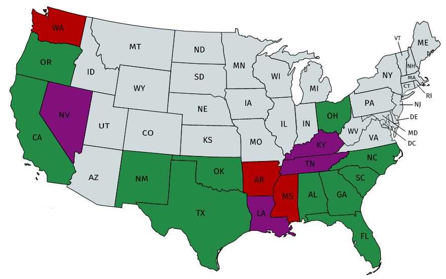 Map of USA. A few states are colored red, a few are colored purple, a few are colored green, and most are colored gray.