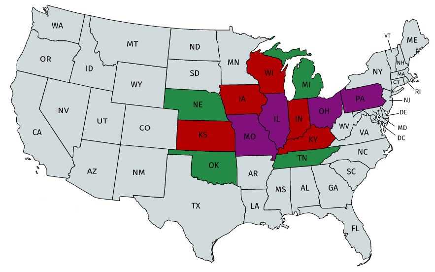 Map of USA. A few states are colored red, a few are colored purple, a few are colored green, and most are colored gray.
