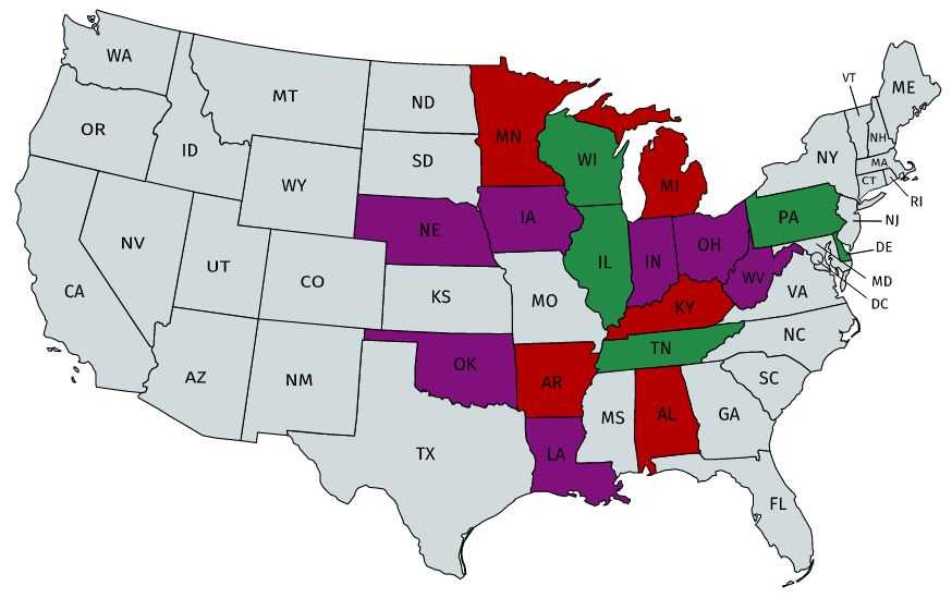 Map of USA. A few states are colored red, a few are colored purple, a few are colored green, and most are colored gray.